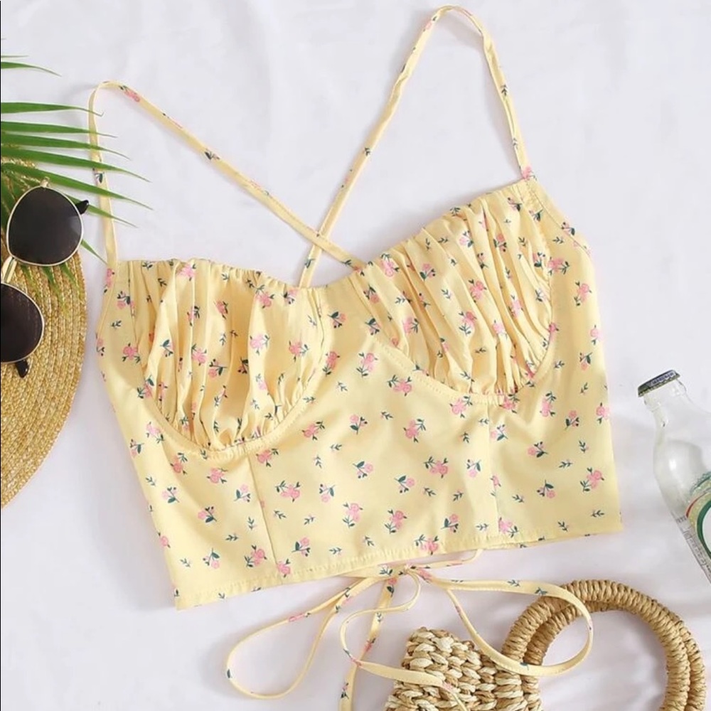 Floral Ruched Crisscross Tie Back Top